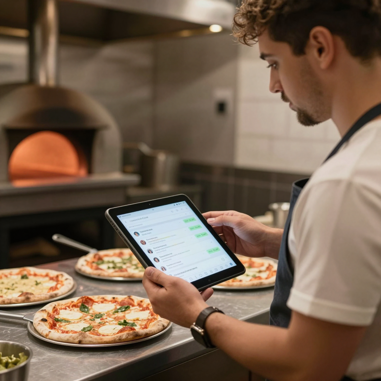 Restaurant owner reviewing customer feedback data on tablet in a modern pizzeria kitchen