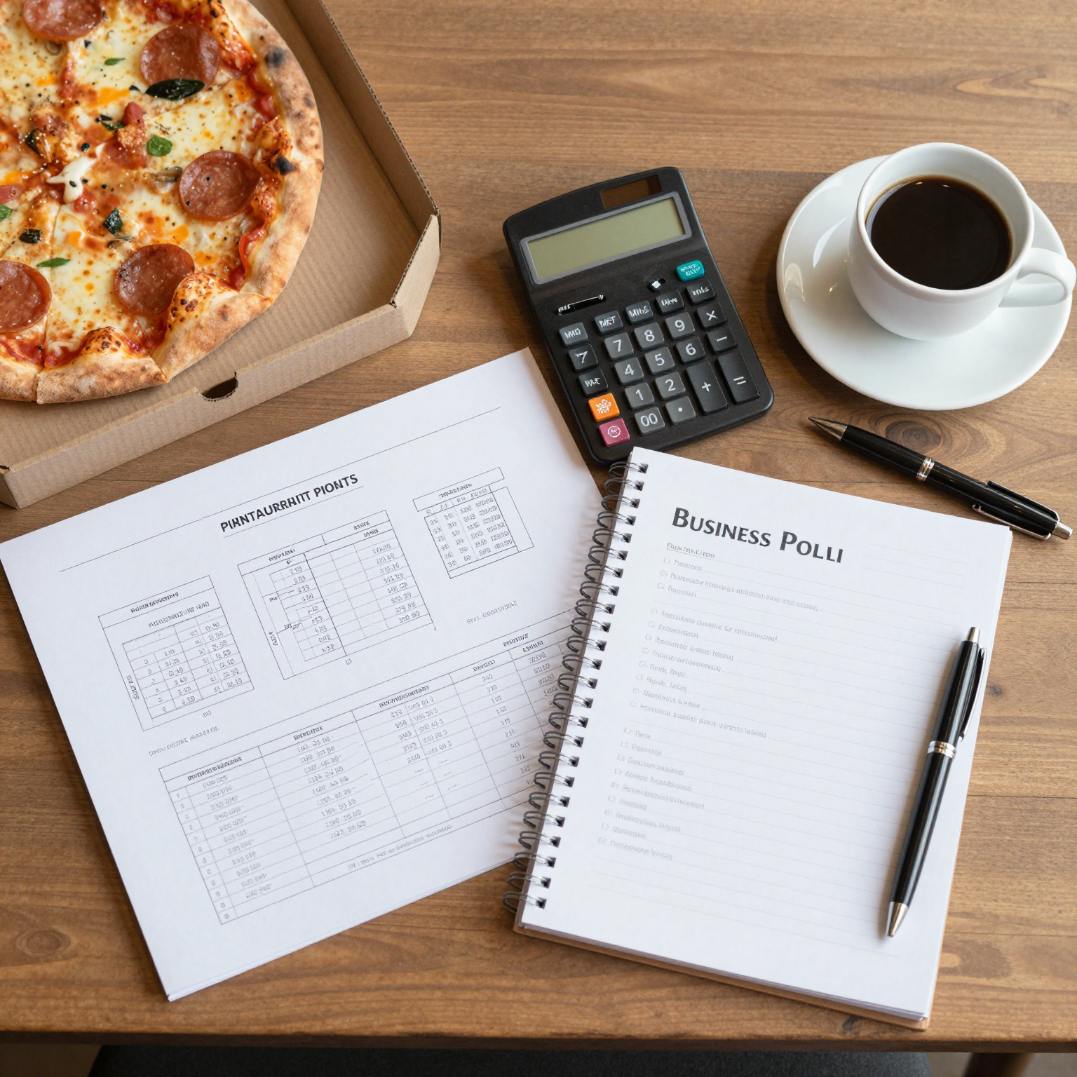 Financial blueprint on a desk for pizza restaurant startup planning