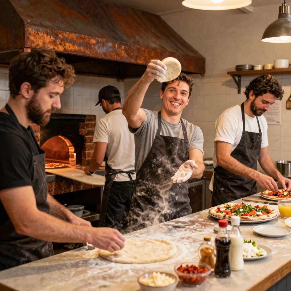 A warm candid photo of a small pizza kitchen team working together - one person tossing dough, another at the oven, a third prepping toppings. Natural lighting, warm tones, genuine teamwork.