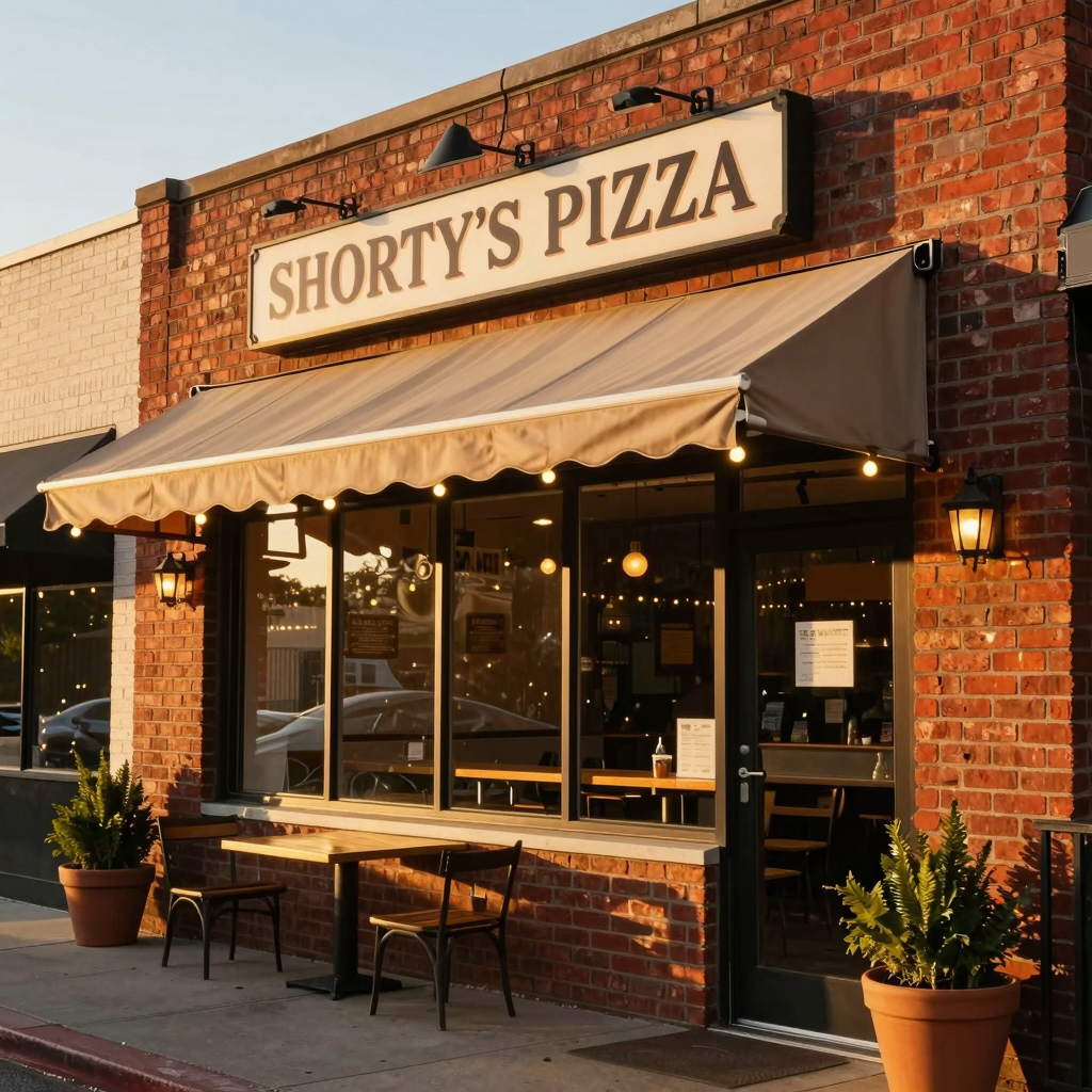 Shorty's Pizza storefront at golden hour - warm red-brick facade with string lights and charming awning
