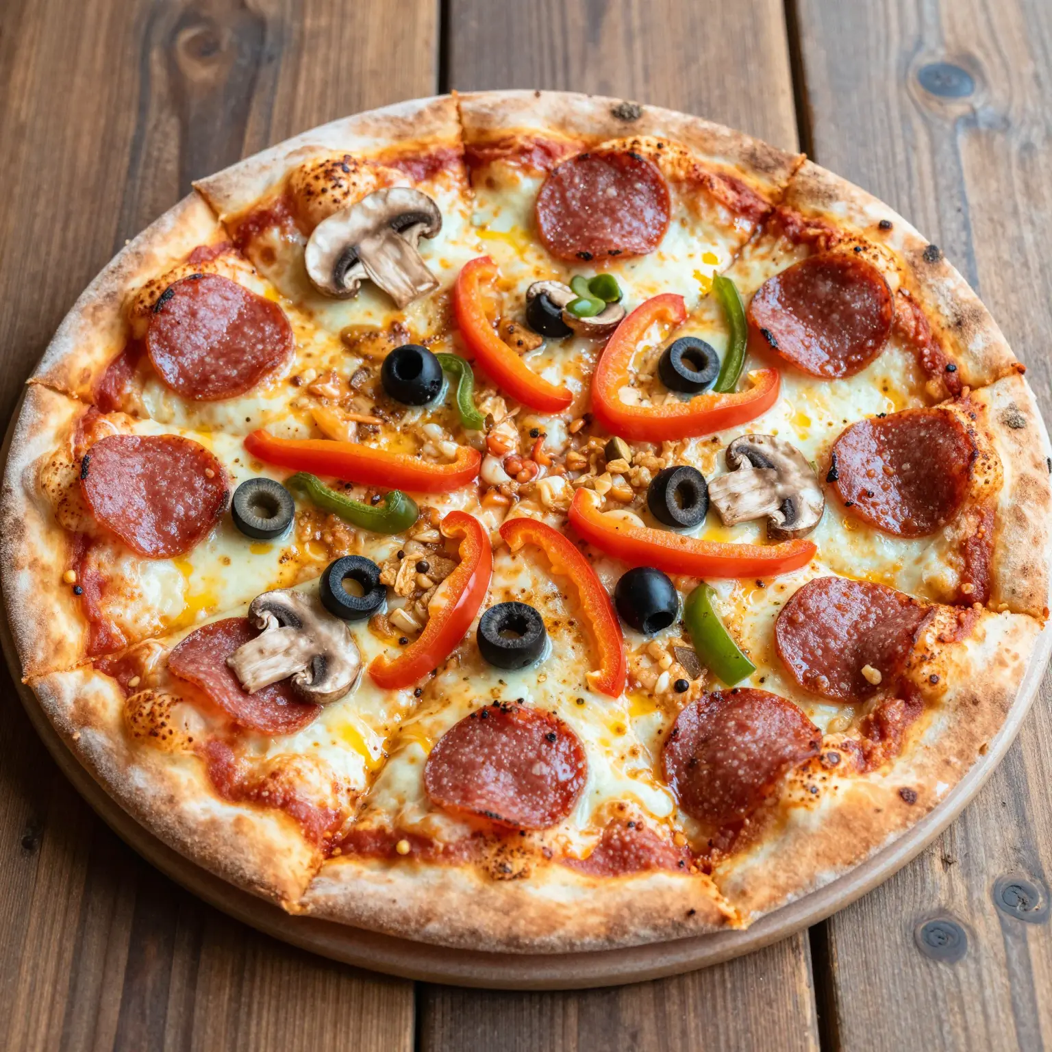 A delicious pizza with colorful toppings