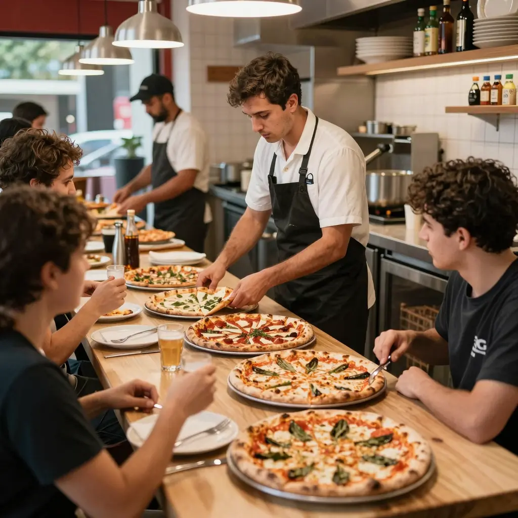 A captivating visual representation of a busy pizza restaurant