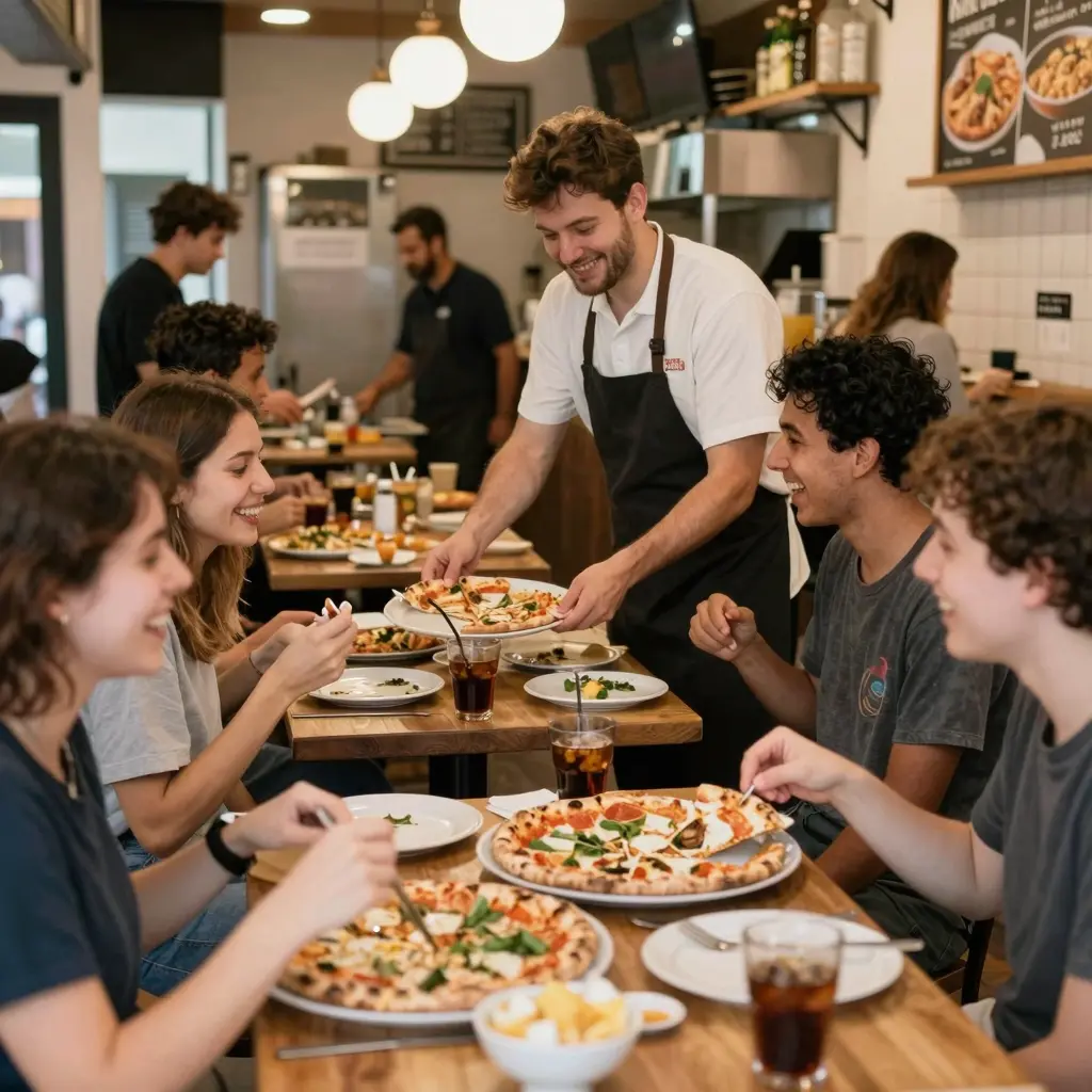 A vibrant, busy pizzeria setting with happy customers enjoying their meals.