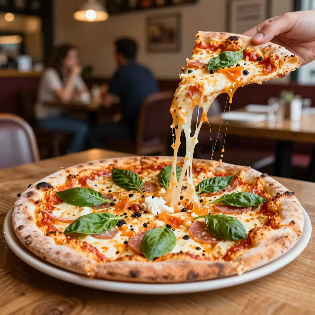 A delicious pizza being served at a restaurant