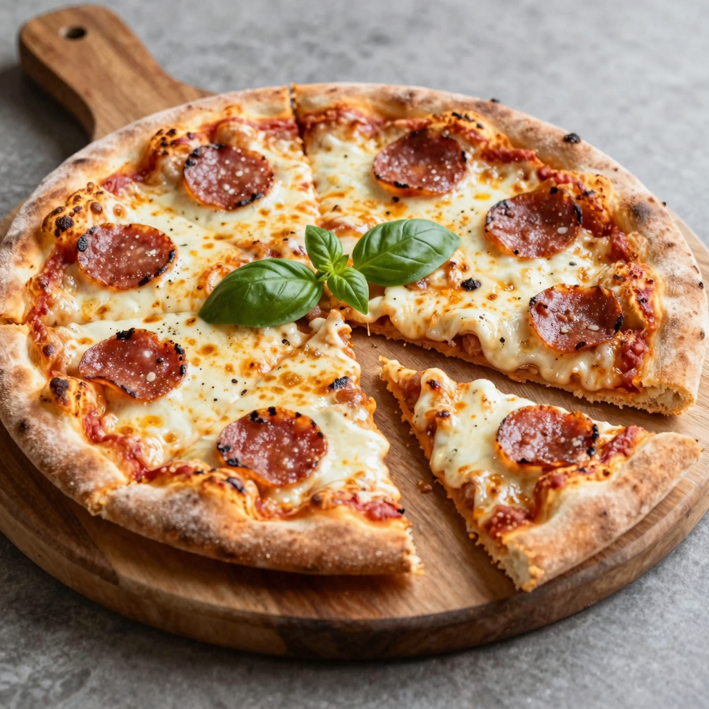 A simple, appealing image of a freshly baked pizza topped with melted cheese, pepperoni, and fresh basil, presented on a rustic wooden board.