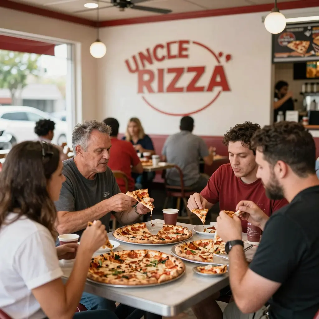 An inviting image of Uncle Rico's Pizza restaurant with customers enjoying pizza, showcasing a vibrant community atmosphere.