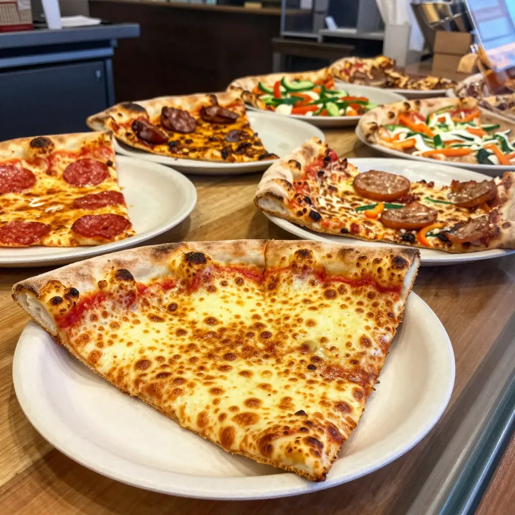Freshly baked cheese, pepperoni, and specialty pizza slices on display for weekday lunch