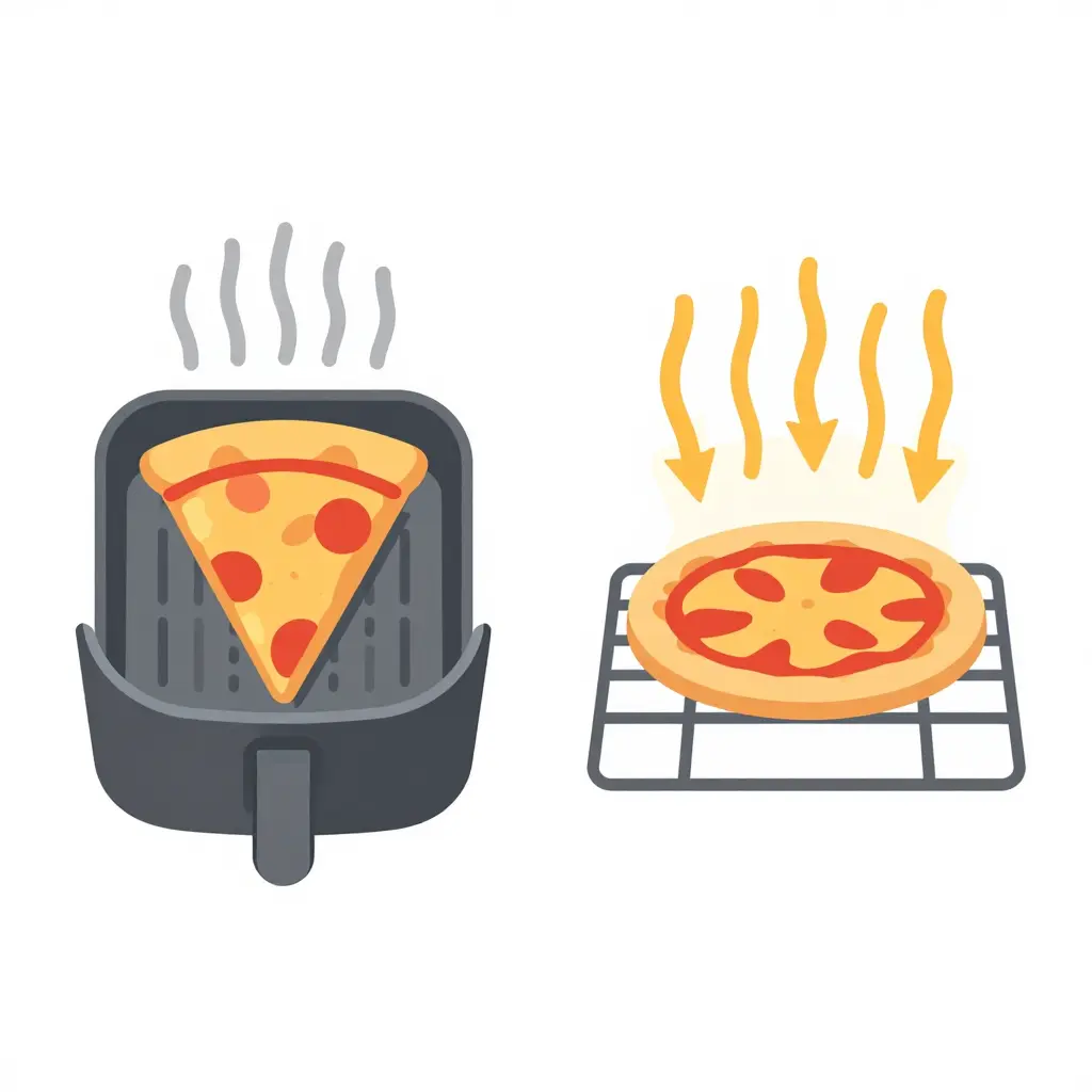 Flat 2D diagram comparing heat distribution in an air fryer versus a conventional oven when reheating a pizza slice, shown with circulating arrows for convection and downward radiant lines for oven heat